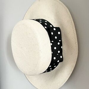 Vintage White Straw Boater Panama Hat w/ Polka Dot Ribbon Trim